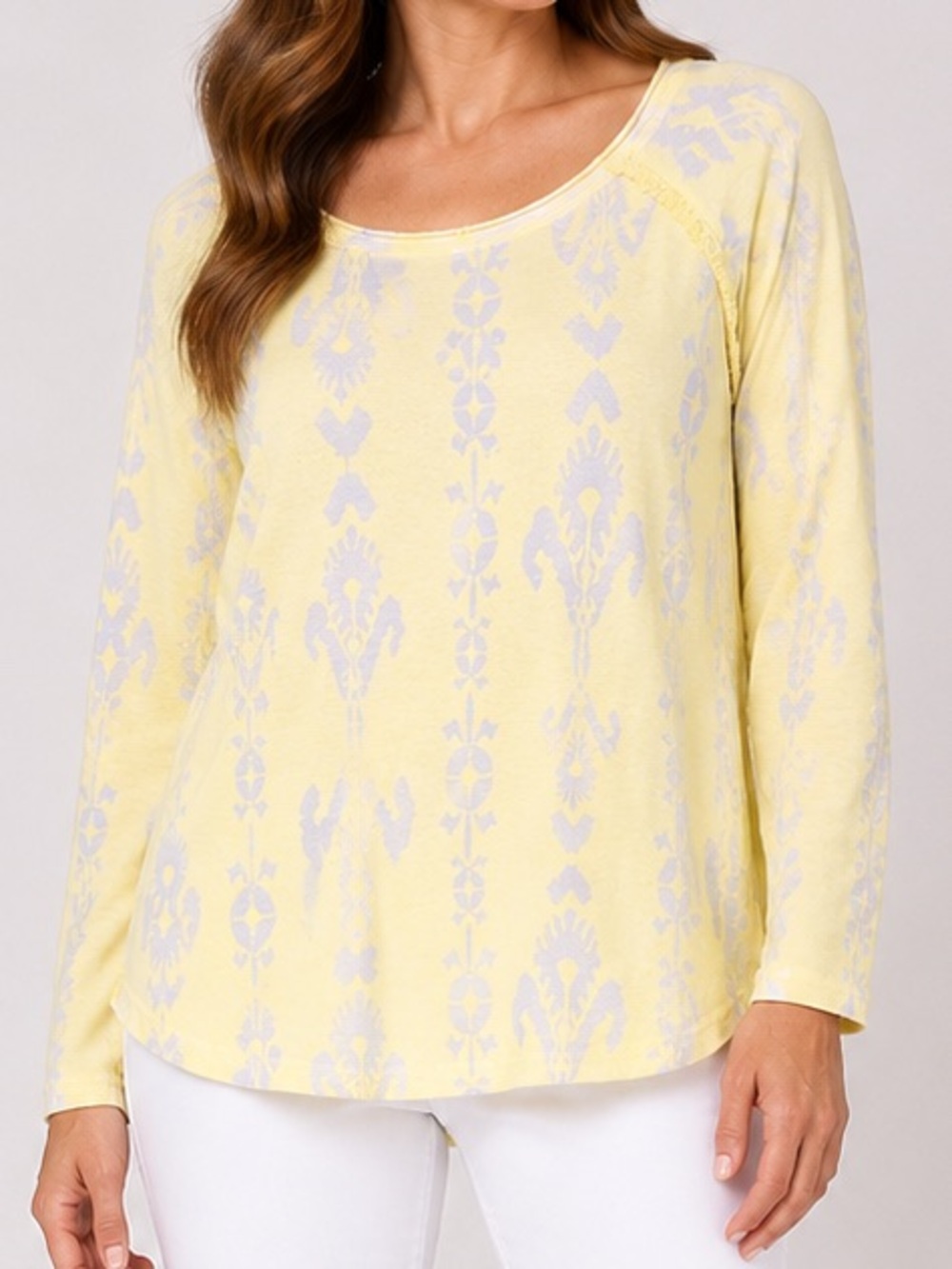 Democracy Yellow Floral Print Long Sleeve Knit Top XL Boho Casual - Picture 1 of 10